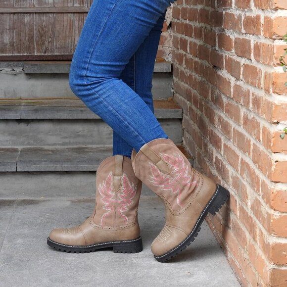 🆕Hawkwell Women's Khaki Fashion Mid Calf Round Toe Embroidered Western Boots - Picture 2 of 6